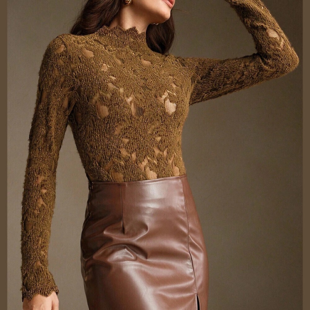Olive Brown Sheer Flocked Lace Mock Neck Long Sleeve Slim Fit Top